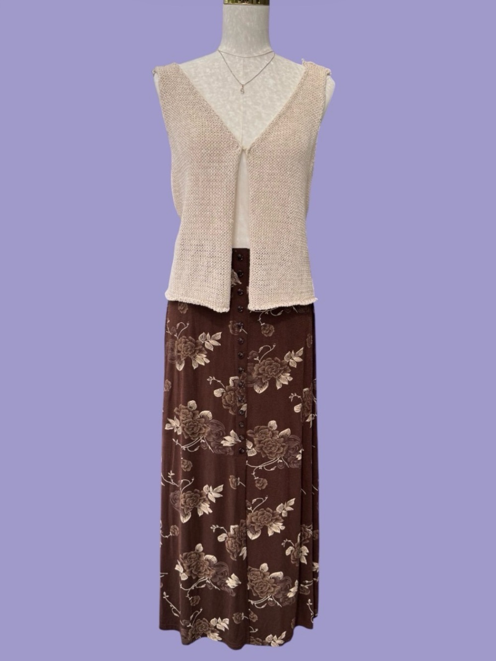 Vintage 90s Floral Brown Whimsy Autumn Midi Skirt Medium